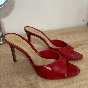 SCHUTZ Red Patent Leather Open-Toe Stiletto Mules